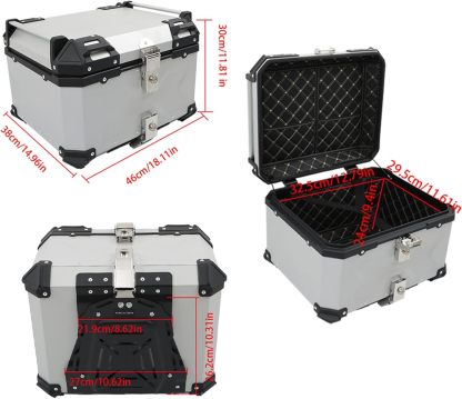 Labwork - Caja trasera para motocicleta de 45 l, con placa de montaje, aleación de aluminio dura, cierre de seguridad contra robo, metal plateado, caja trasera para maletero