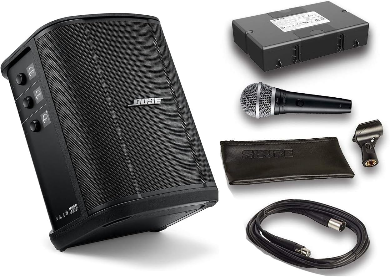 Bose S1 Pro - Sistema de bocinas Bluetooth con batería, micrófono Shure PGA48, Cable de Audio XLR de 4.6 Metros (6 artículos)