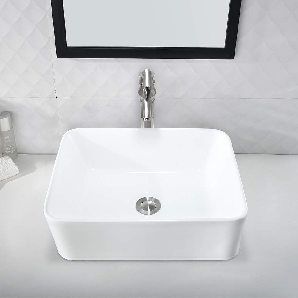 VOKIM - Conjunto de fregadero y llave de baño de 20 x 14 pulgadas, rectángulo moderno sobre el mostrador, porcelana negra, lavabo de cerámica y llave de bronce aceitado