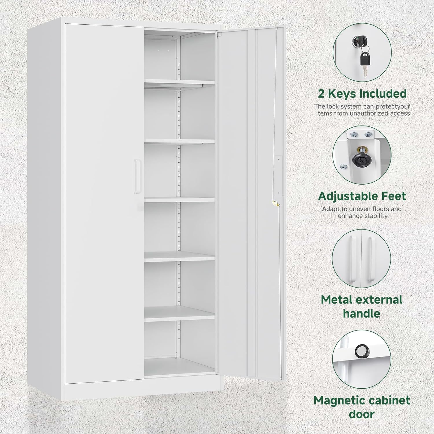 Letaya - Armarios de almacenamiento de metal con puerta de cerradura, armarios de acero, 5 estantes ajustables para el hogar, oficina, almacén (blanco)