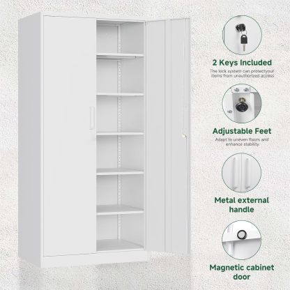Letaya - Armarios de almacenamiento de metal con puerta de cerradura, armarios de acero, 5 estantes ajustables para el hogar, oficina, almacén (blanco)