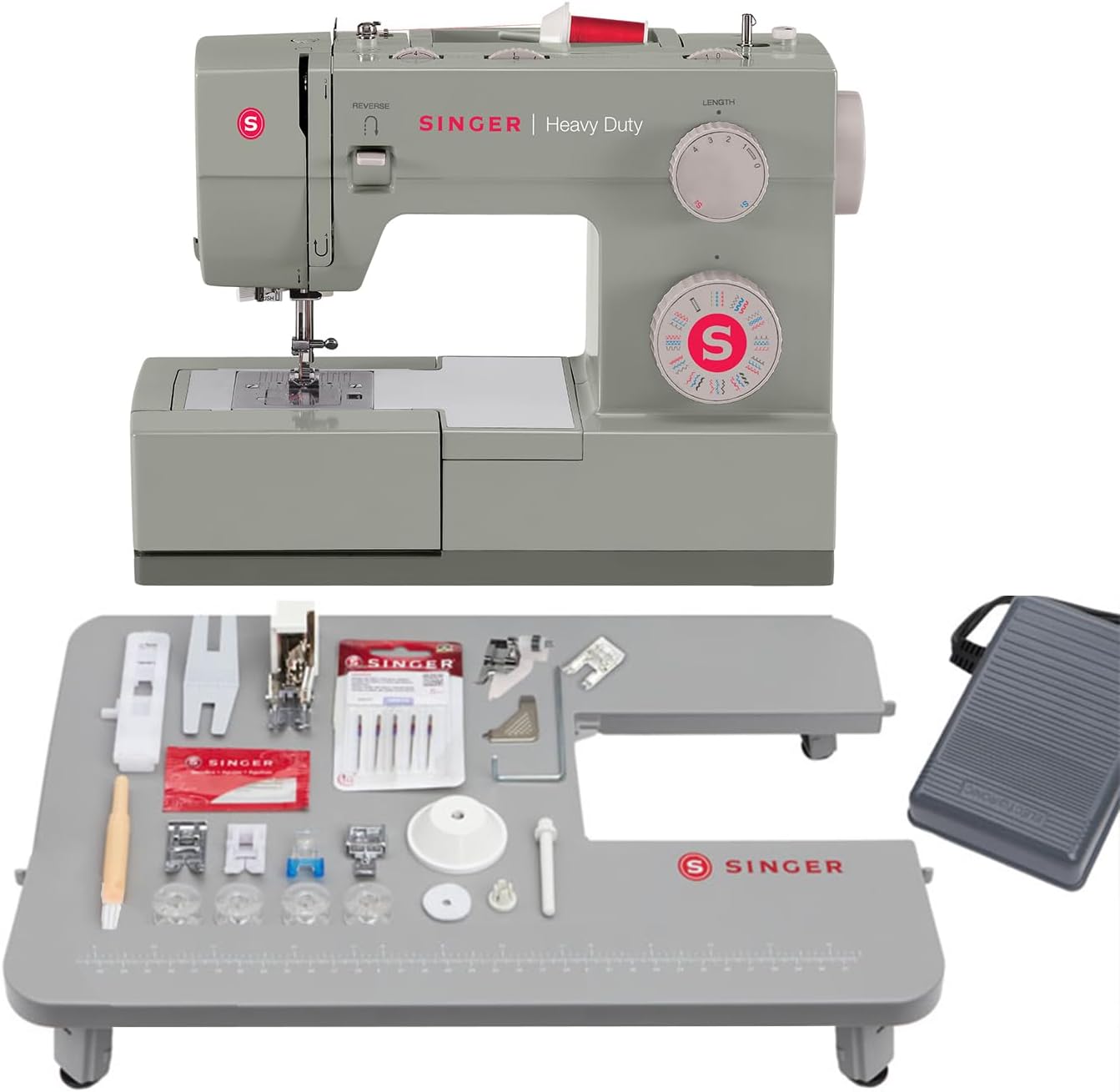 SINGER Paquete de día festivo resistente 4452 - Máquina de coser resistente con mesa de extensión y 2 prensatelas | Motor fuerte, 110 aplicaciones de puntadas, marco de metal completo, ojal de 1 paso