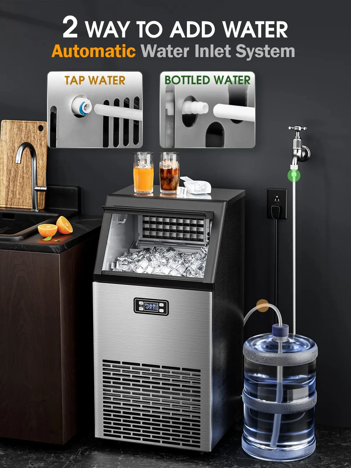 Máquina de Hielo Comercial V2.0, 100 lbs, Agua 2 Formas, Autolimpieza, Temporizador 24h, Cesta 33 lbs, Acero Inoxidable – Para Escuela, Hogar, Bar o RV