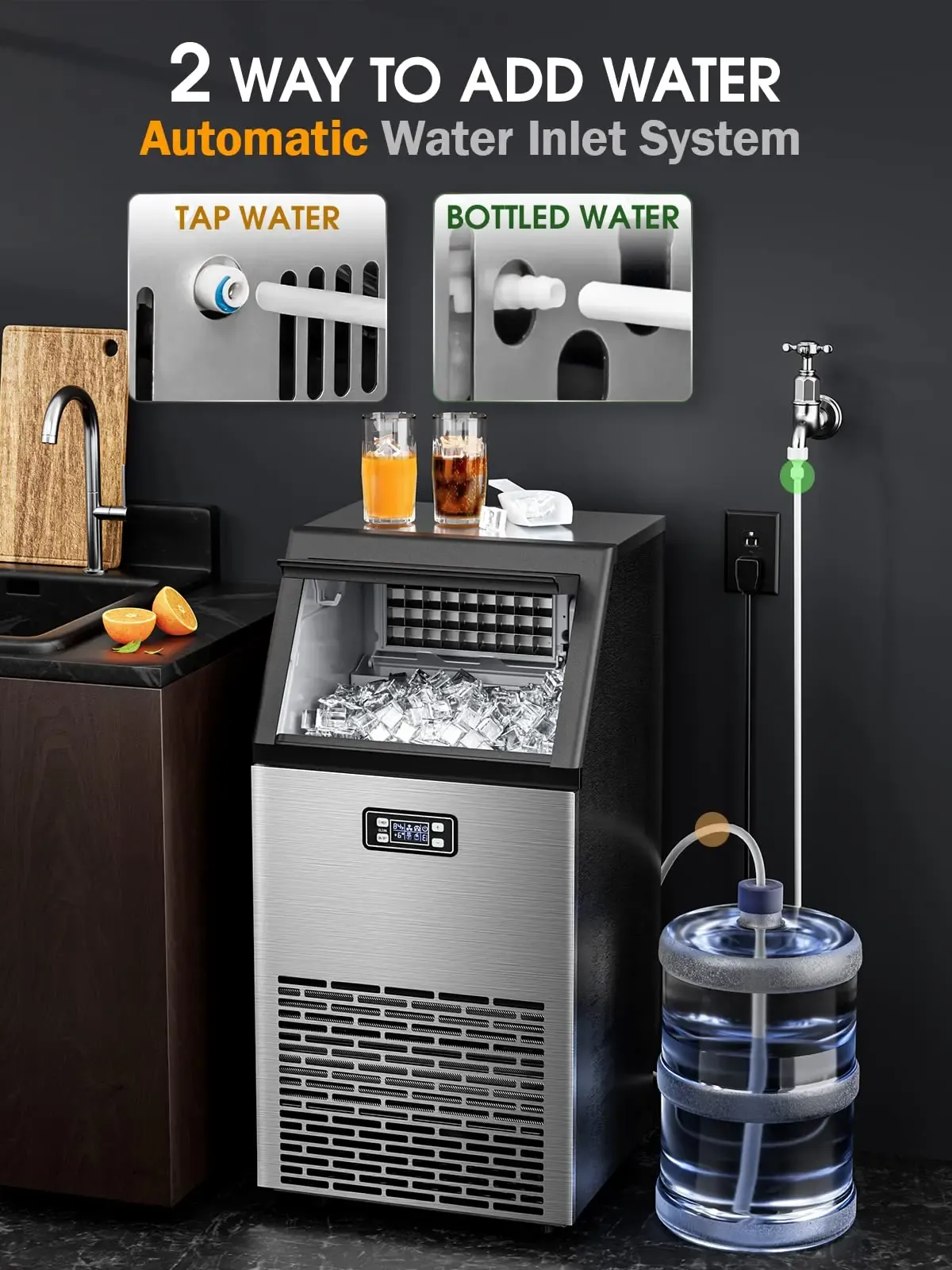 Máquina de Hielo Comercial V2.0, 100 lbs, Agua 2 Formas, Autolimpieza, Temporizador 24h, Cesta 33 lbs, Acero Inoxidable – Para Escuela, Hogar, Bar o RV