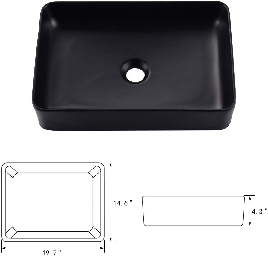 VOKIM - Conjunto de fregadero y llave de baño de 20 x 14 pulgadas, rectángulo moderno sobre el mostrador, porcelana negra, lavabo de cerámica y llave de bronce aceitado