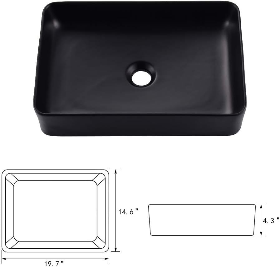 VOKIM - Conjunto de fregadero y llave de baño de 20 x 14 pulgadas, rectángulo moderno sobre el mostrador, porcelana negra, lavabo de cerámica y llave de bronce aceitado