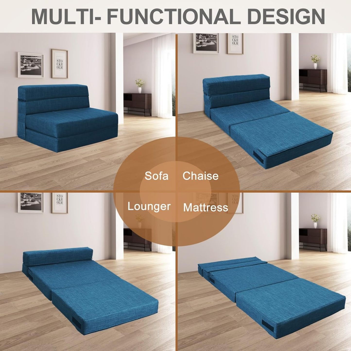 Nigoone - Sofá plegable tamaño Queen de espuma viscoelástica con 2 almohadas, sillón perezoso, triple futón, camas convertibles, funda lavable, gris oscuro