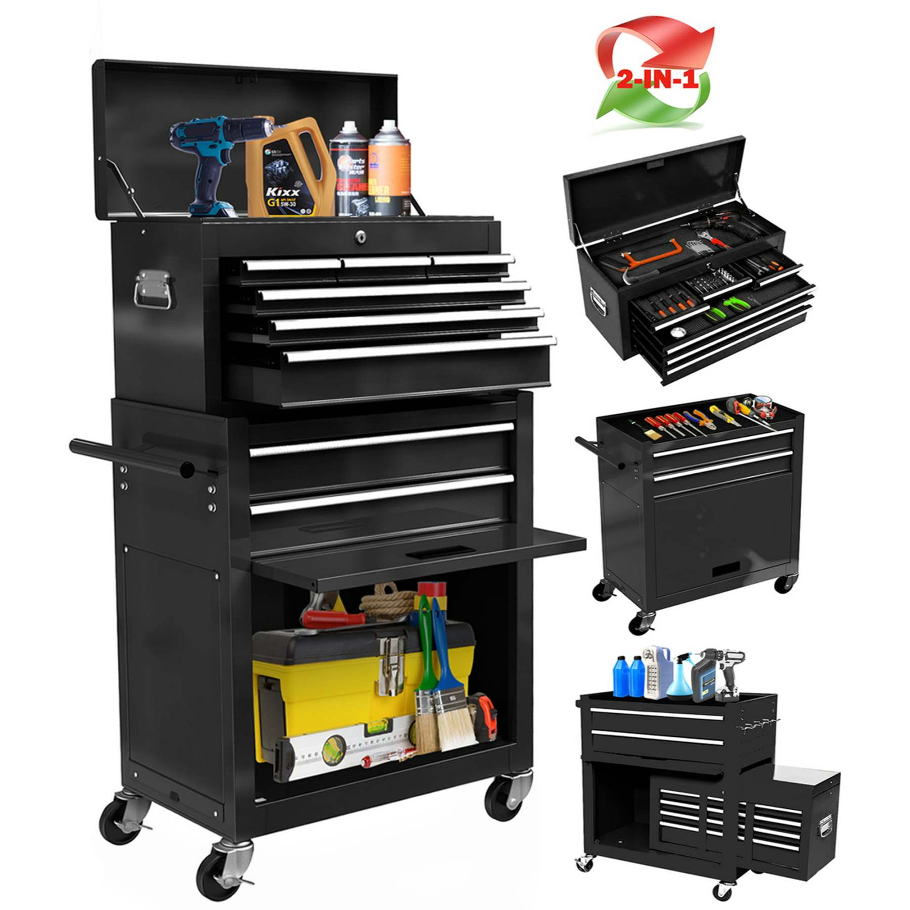 Seizeen Caja de herramientas y gabinete 2 en 1, organizador de caja de herramientas con ruedas de 8 cajones de gran capacidad, con ruedas, con cerradura, negro ----- Guantes