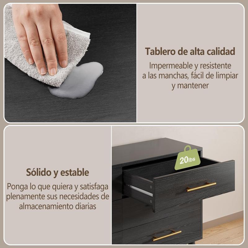 Cómoda de 6 Cajones para Recámara - Cajonera de Madera con Tiradores de Metal, Mueble de Almacenamiento Organizador para Dormitorio, Sala de Estar, Entrada (Negro)