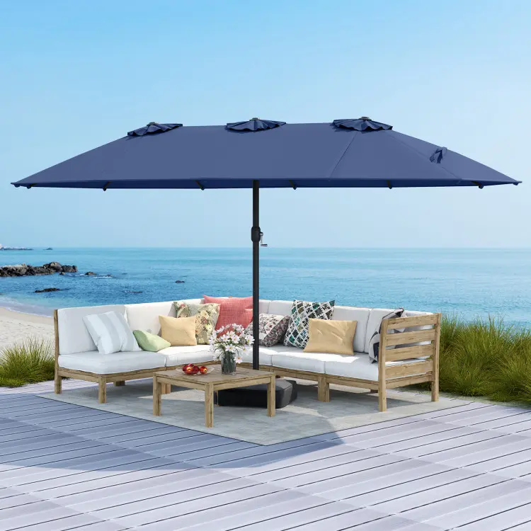 【Luces LED solares】Sombrilla grande de patio COSTWAY de 4,5 m, sombrilla doble extragrande para exteriores con base, 36 luces LED y manivela para jardín, terraza, piscina, patio, decoración del 4 de julio, regalo para papá