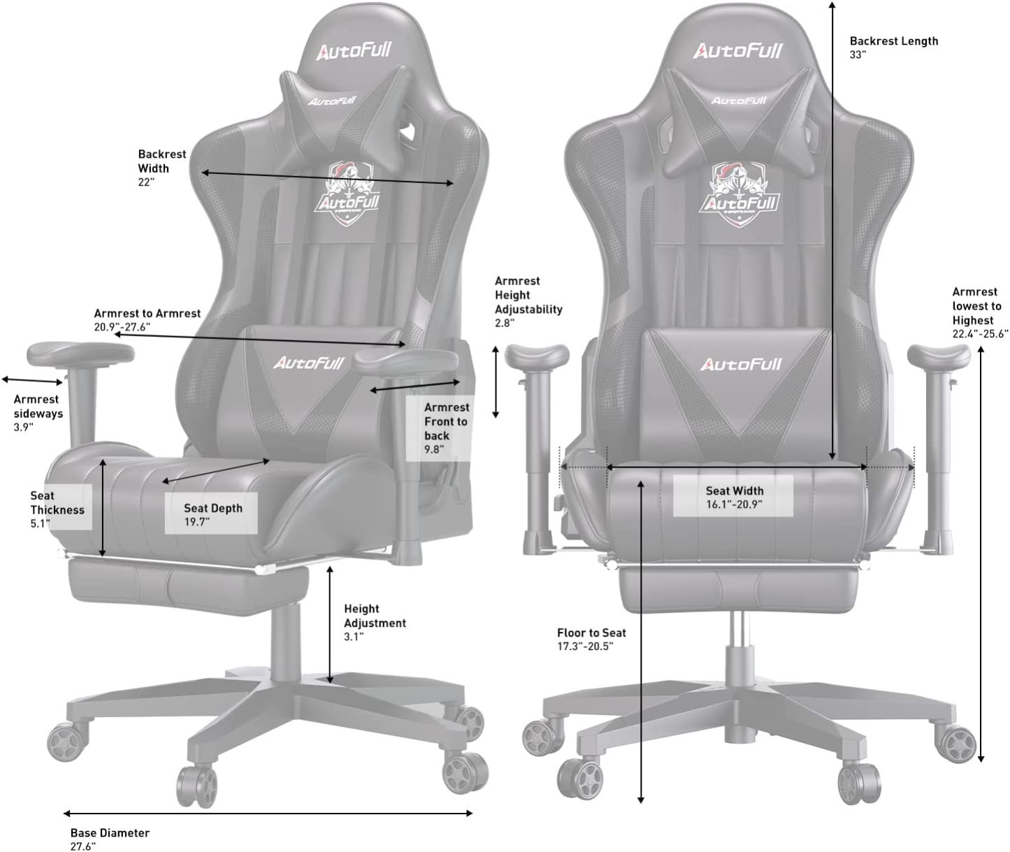 AutoFull Silla Gaming Ergonómica Silla de Oficina Silla Gamer Cuero de PU Silla de Escritorio,Altura e inclinación Ajustables,Soporte Lumbar y reposapiés,Negro