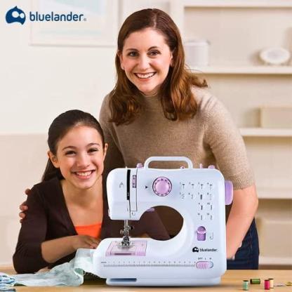 Bluelander Máquina de Coser Eléctrica Mini, Máquina de Coser Portátil con 12 Puntadas y Luz LED, Ideal para Ropa, Fundas de Almohadas y Sábanas