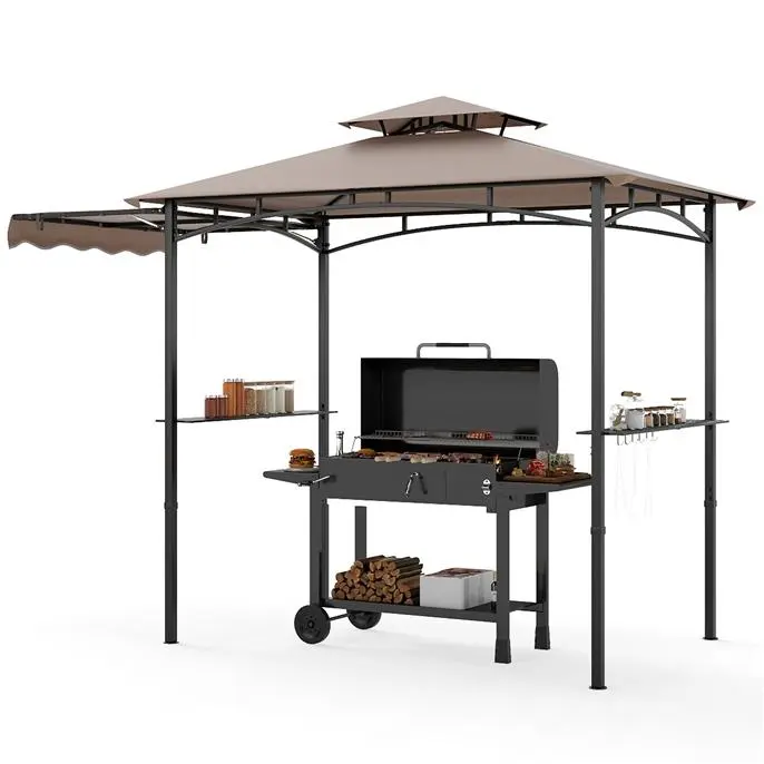 [Regalo para el Día de la Madre] Cenador para Parrilla con Toldo Lateral — Cenador de 2 Niveles para Barbacoa con Estantes, Ganchos Colgantes y Abrebotellas — Toldo Exterior para Parrilla (Ideal para Patio Trasero, Jardín o Zona de Piscina)
