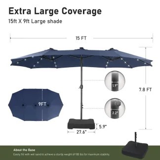 Phivilla Home – Sombrilla grande para patio exterior de 15 pies con base – Opción de luz LED, doble cara, manivela, impermeable