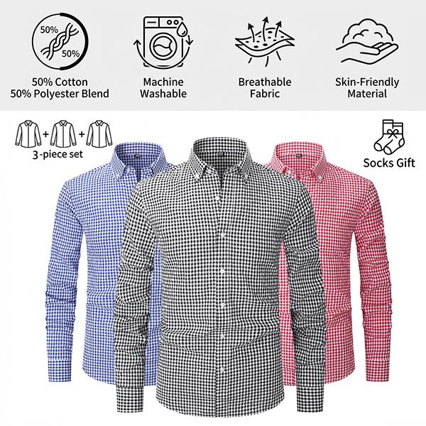 【3PCS】Men's plaid shirt; casual daily breathable long-sleeved stretch button-down collar men's coat. camisas mangalarga para hombres Menswear Top