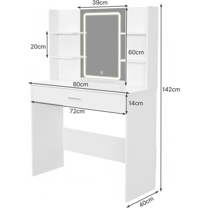Tocador Moderno con Espejo, Mesa de Maquillaje con Cajón y Estantes, Organizador de Cosméticos para Dormitorio, Blanco