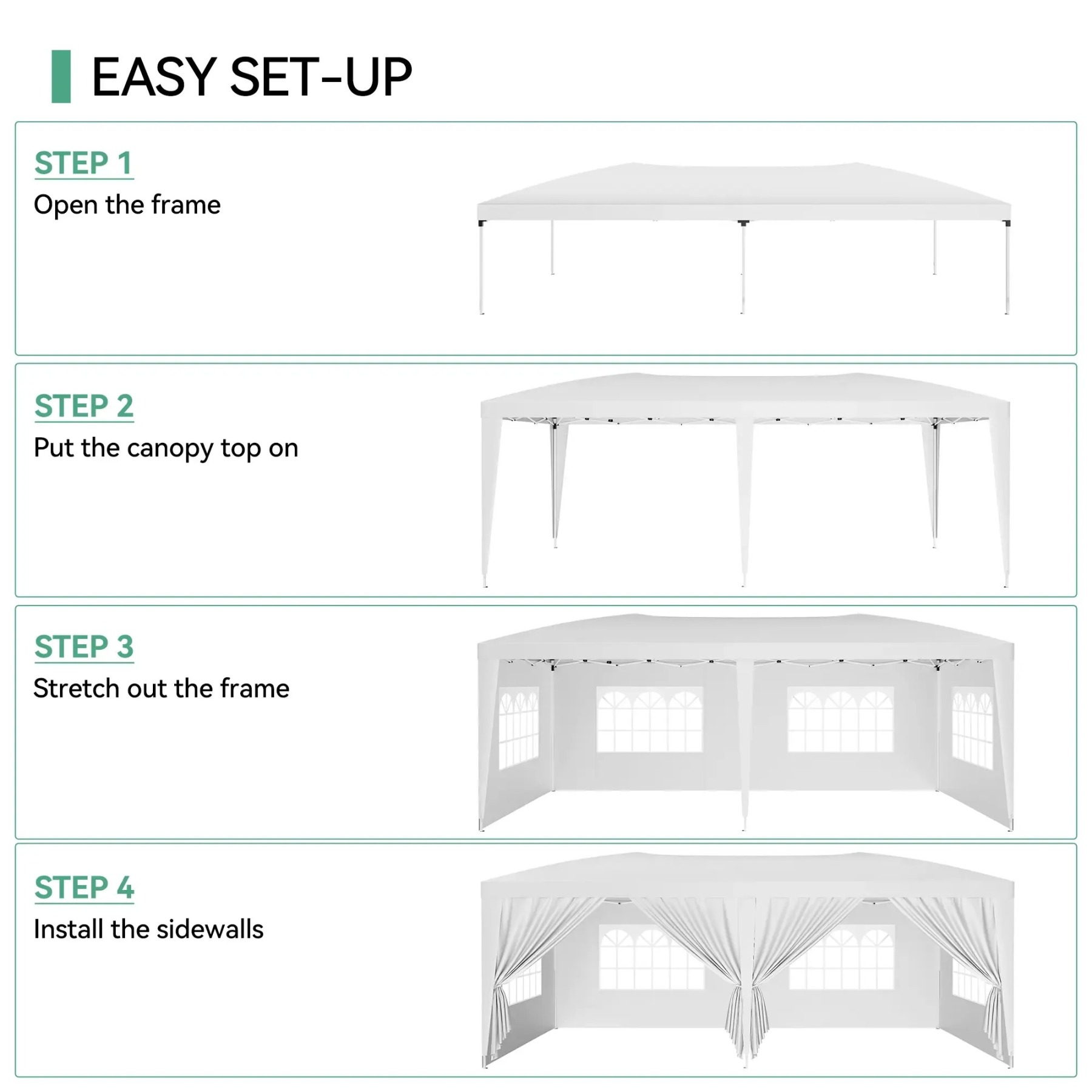 Carpa plegable resistente de 10x20 pies: cenador impermeable con 6 paredes laterales desmontables, 3 alturas ajustables y montaje rápido; incluye 18 estacas y 6 cuerdas. Ideal para fiestas, eventos, patios y jardines.