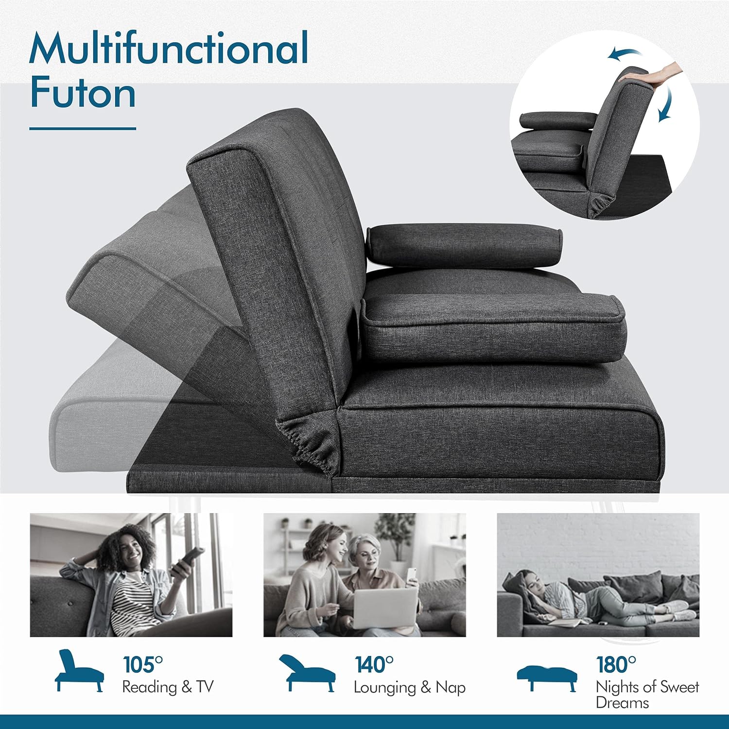 Yaheetech - Sofá cama convertible de tela de lino reclinable, con portavasos y reposabrazos extraíbles, soporta 350 kg