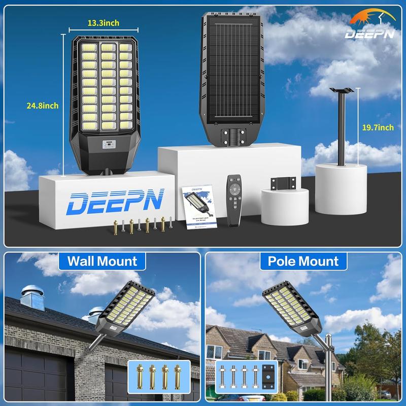 Farola solar con 750 LED, resistente al agua IP66, lámpara LED para exteriores con sensor de movimiento y control remoto, iluminación para jardines y patios (encendido automático al anochecer).
