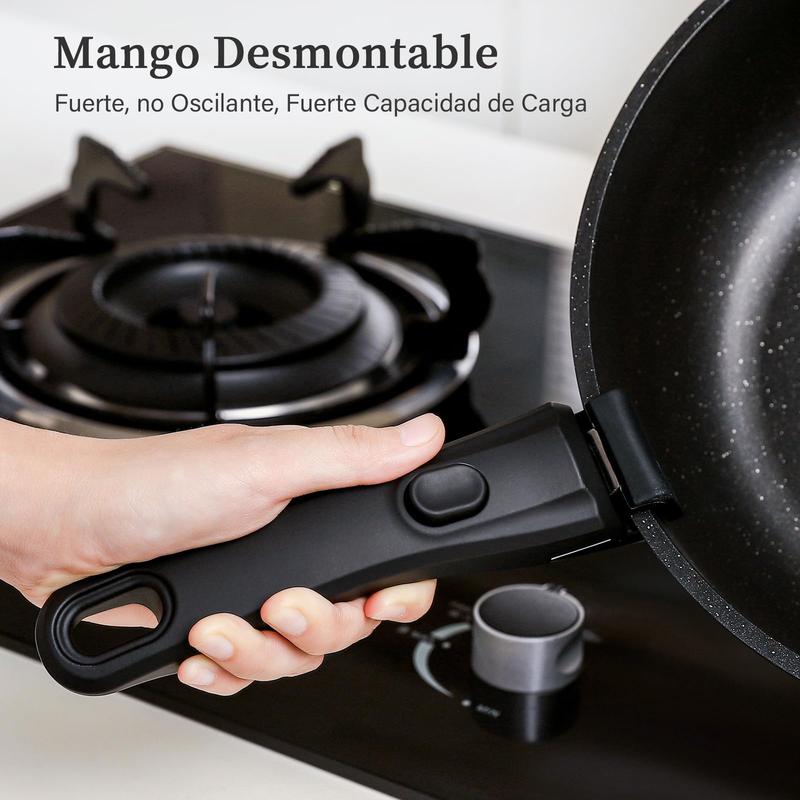 Batería De Cocina 15/17/22 Piezas Juego De Sartenes Ollas  Utensilios Sartenes Antiadherentes Con Mangos Desmontables Y Tapas De Vidrio Para Inducción, Gas Y Horno Negro Blanco Libre de PTFE, PFOA, plomo y cadmio. Cocina con menos aceite, sin que se pegue