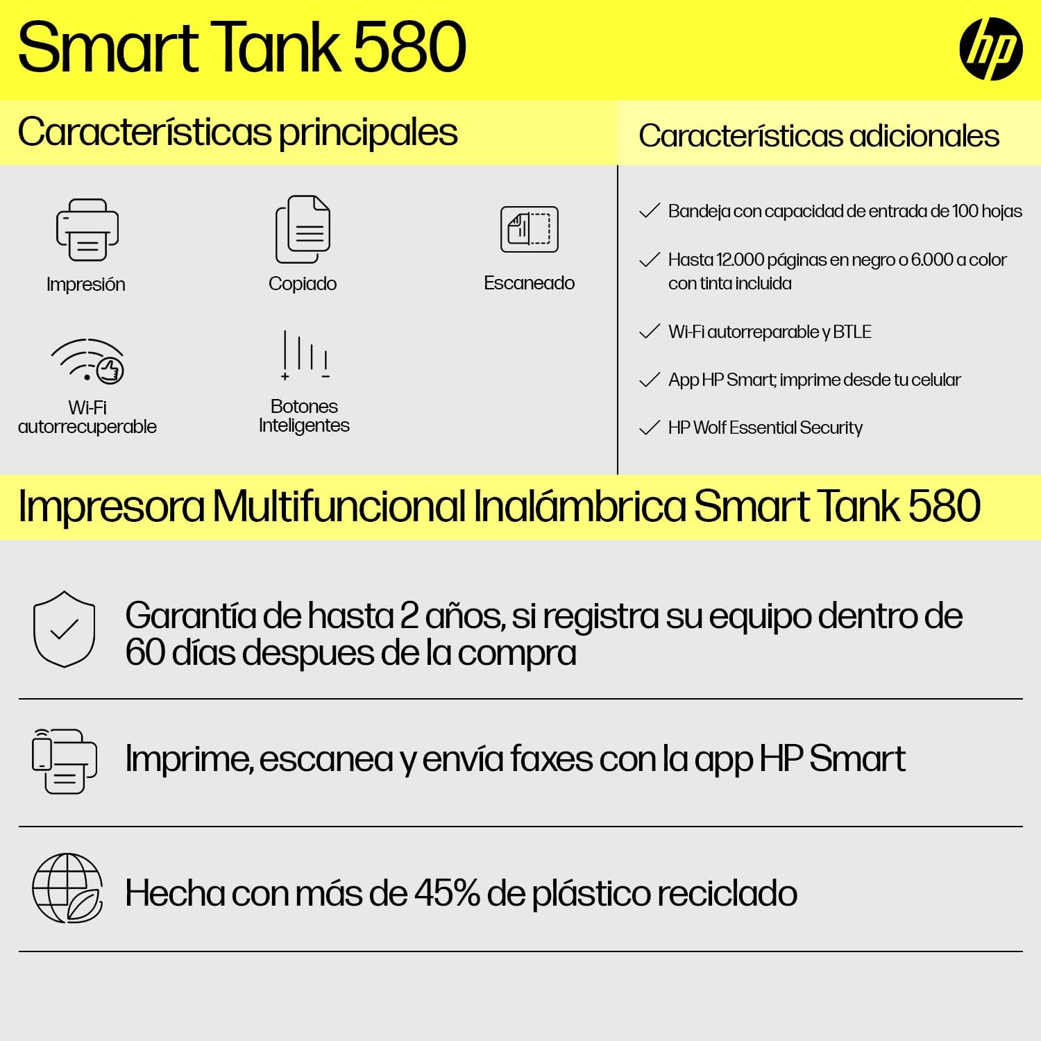 HP Impresora Multifuncional Smart Tank 580, Tinta Continua, Color, Wi-Fi, Dúplex (Doble Cara) Manual, Impresión Desde Smart App, 2 años de Garantía (1F3Y2A)