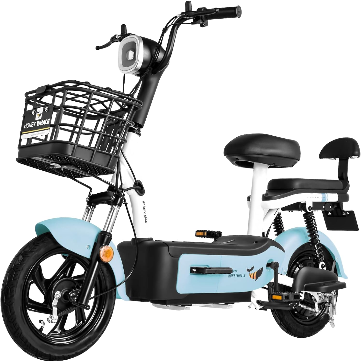 HONEYWHALE U1s Bicicleta eléctrica para adultos, bicicleta eléctrica con alarma, motor máximo 650W, velocidad máxima 31KM/H, autónoma 60-65KM, batería de gran capacidad 20AH, dos asientos