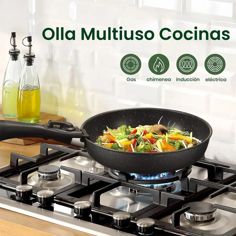 Batería De Cocina 15/17/22 Piezas Juego De Sartenes Ollas  Utensilios Sartenes Antiadherentes Con Mangos Desmontables Y Tapas De Vidrio Para Inducción, Gas Y Horno Negro Blanco Libre de PTFE, PFOA, plomo y cadmio. Cocina con menos aceite, sin que se pegue