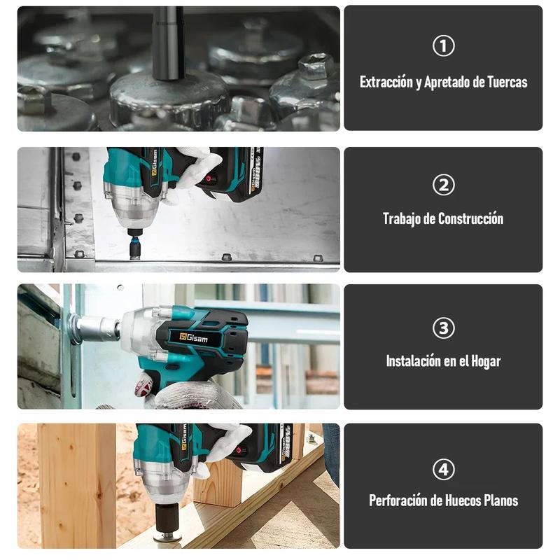 Kit de herramientas Profesional 4 en 1 Brushless | Taladro Inalámbrico, Llave de Impacto, Amoladora Angular y Rotomartillo SDS | 2 Baterías | Kit Completo para Hogar y Carpintería