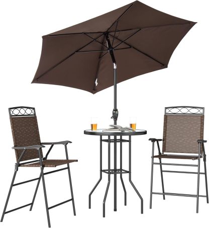 Outsunny - Juego de 4 Muebles de Comedor para Patio al Aire última intervensión, 2 sillas Plegables, Paraguas de ángulo Ajustable, Mesa de Comedor de Vidrio Templado con Textura Ondulada, Color café