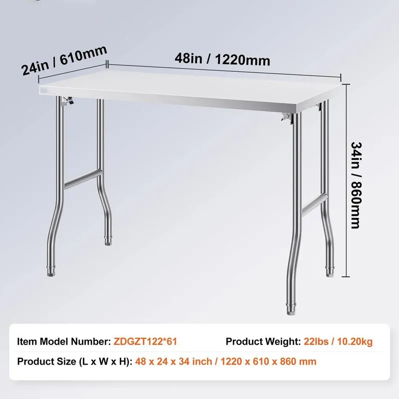 yg-Mesa de preparación comercial plegable, estación de trabajo comercial de 48 x 24 pulgadas con estante inferior, mesa plegable de acero inoxidable resistente con carga de 300 libras.
