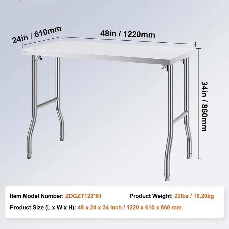 Mesa de preparaci��n comercial plegable, estaci��n de trabajo comercial de 48 x 24 pulgadas con estante inferior, mesa plegable de acero inoxidable resistente con carga de 300 libras.