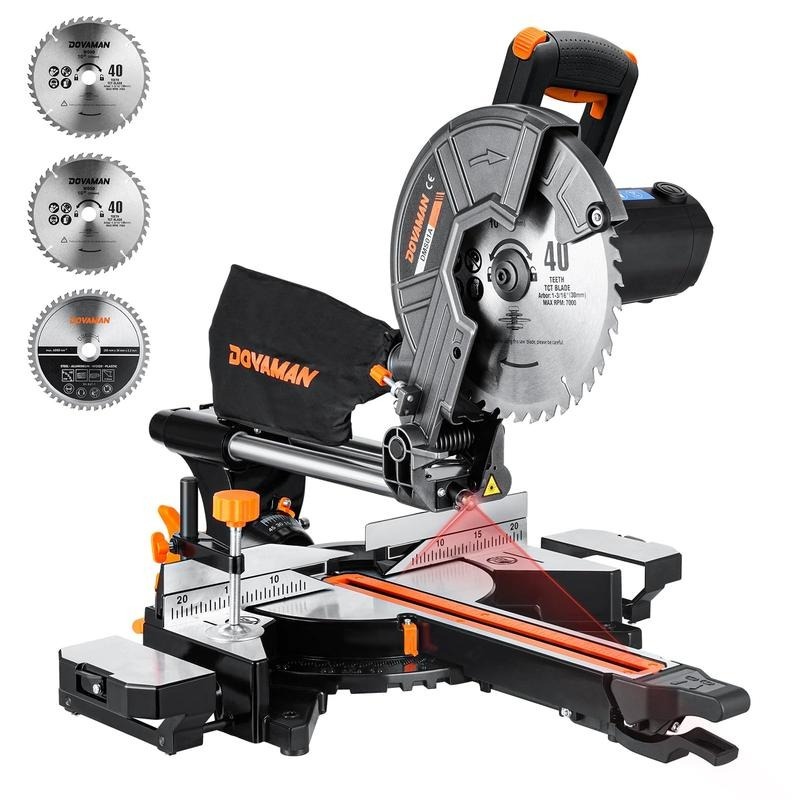 Sierra ingletadora deslizante de bisel simple DOVAMAN de 10 pulgadas y 15 A, con 3 hojas, 4500/3200 RPM, capacidad de corte máxima de 3,5 x 13,4 pulgadas, 9 topes de posición fija para madera, PVC o metales blandos.