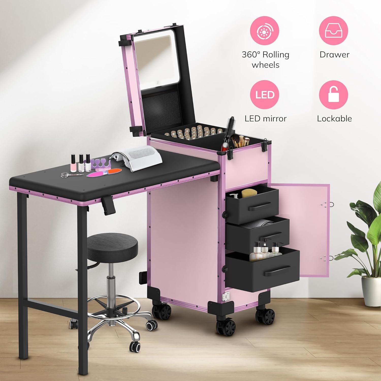 EASYINBEAUTY - Mesa de manicura portátil con 3 cajones, organizador de espejo y esmalte de uñas, estuche de tren de maquillaje con cerradura con computadora de uñas plegable, estuche de viaje