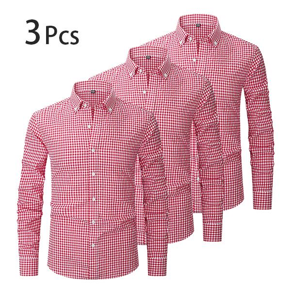 【3PCS】Men's plaid shirt; casual daily breathable long-sleeved stretch button-down collar men's coat. camisas mangalarga para hombres Menswear Top