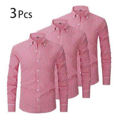 【3PCS】Men's plaid shirt; casual daily breathable long-sleeved stretch button-down collar men's coat. camisas mangalarga para hombres Menswear Top