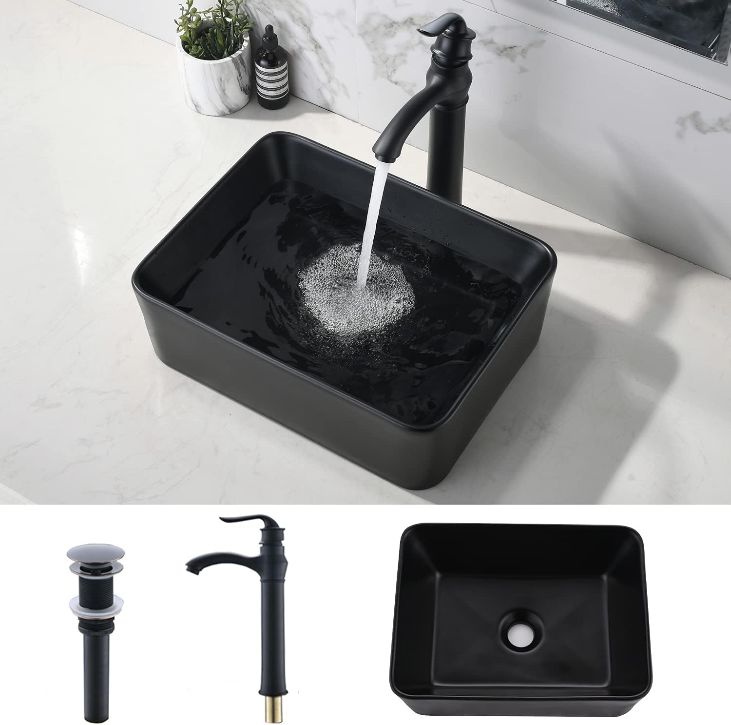 VOKIM - Conjunto de fregadero y llave de baño de 20 x 14 pulgadas, rectángulo moderno sobre el mostrador, porcelana negra, lavabo de cerámica y llave de bronce aceitado