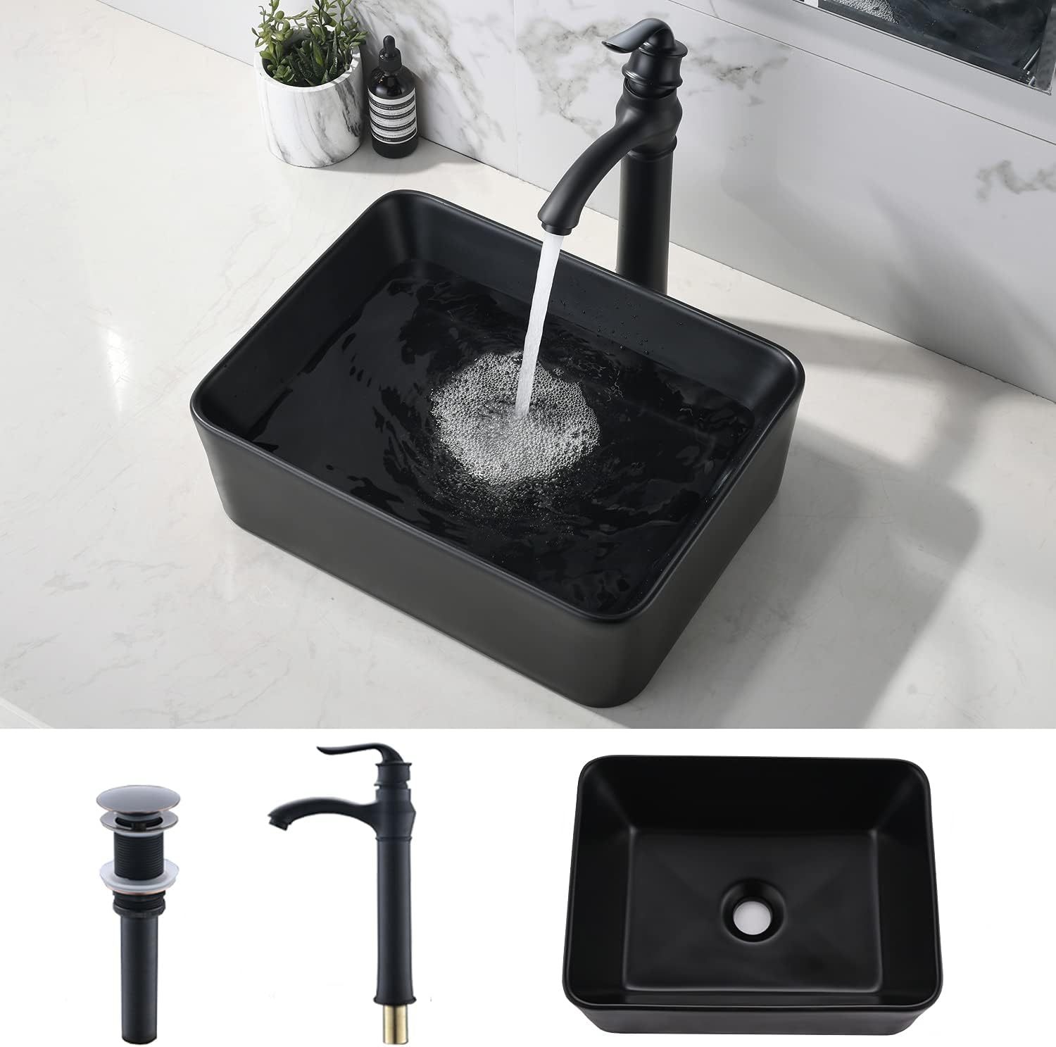 VOKIM - Conjunto de fregadero y llave de baño de 20 x 14 pulgadas, rectángulo moderno sobre el mostrador, porcelana negra, lavabo de cerámica y llave de bronce aceitado