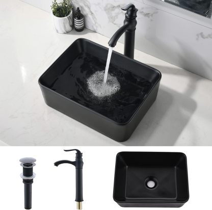 VOKIM - Conjunto de fregadero y llave de baño de 20 x 14 pulgadas, rectángulo moderno sobre el mostrador, porcelana negra, lavabo de cerámica y llave de bronce aceitado
