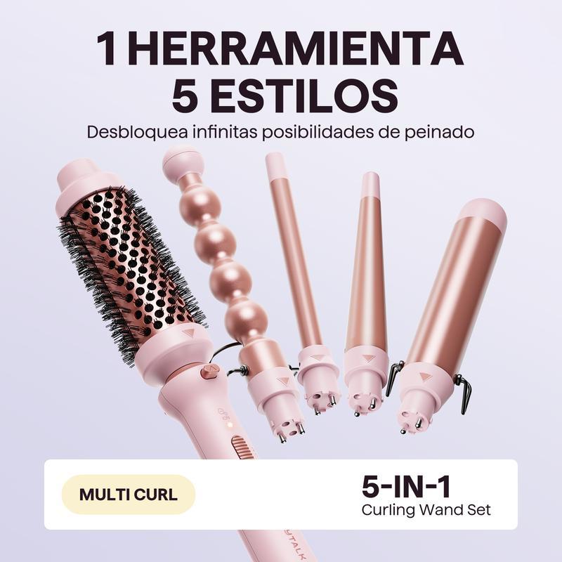 Wavytalk Multi Curl, 5 en 1 Ceramic Curling Wand, rizador de pelo de calentamiento rápido de 1/2 a 1 1/2 pulgadas y cepillo térmico, rizador de pelo de doble voltaje