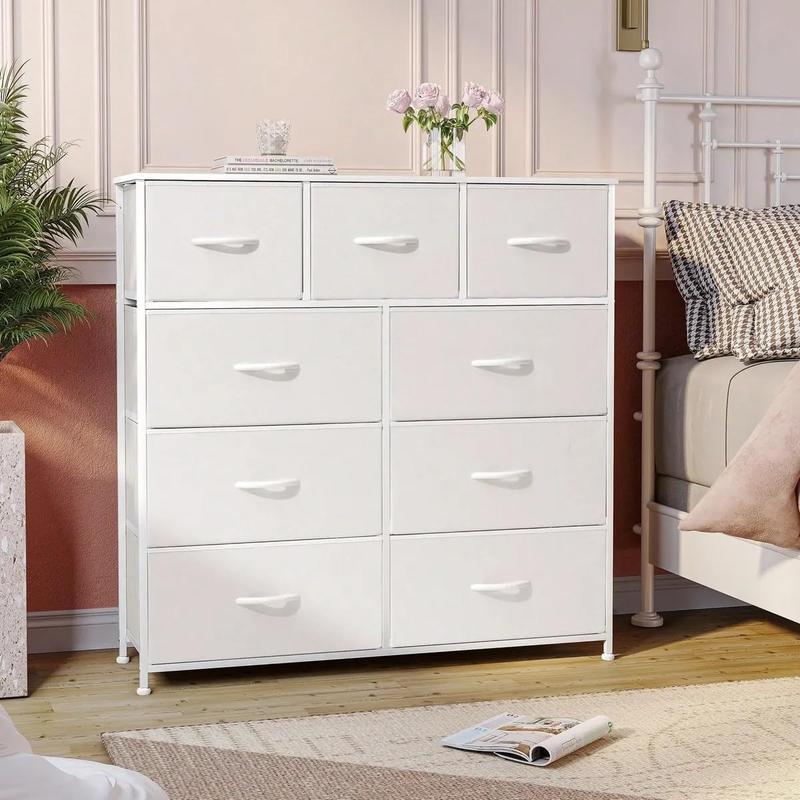 Cómoda Alta de 9 Cajones para Recámara y Closet, Mueble Organizador de Ropa y Juguetero para Bebé, Cajonera de Tela con Estante de Madera, Torre de Almacenamiento Vertical (Blanco)