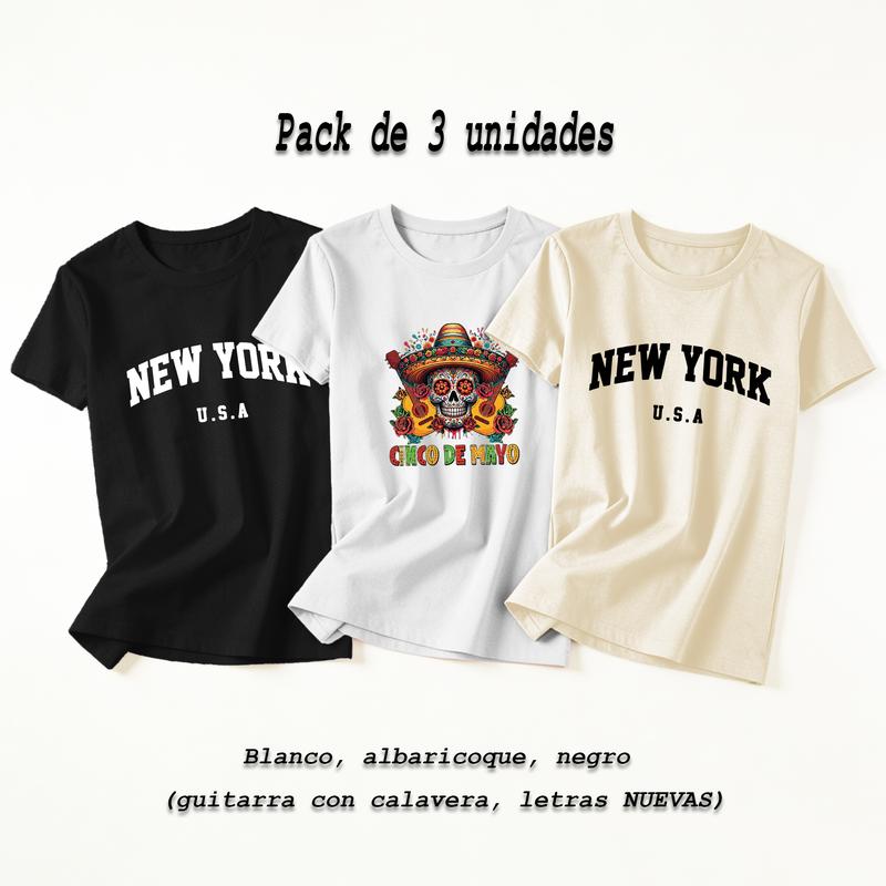 Camiseta de manga corta con cuello redondo elástico para mujer, ideal para llevar en casa o salir, muy versátil y práctica (pack de 3)