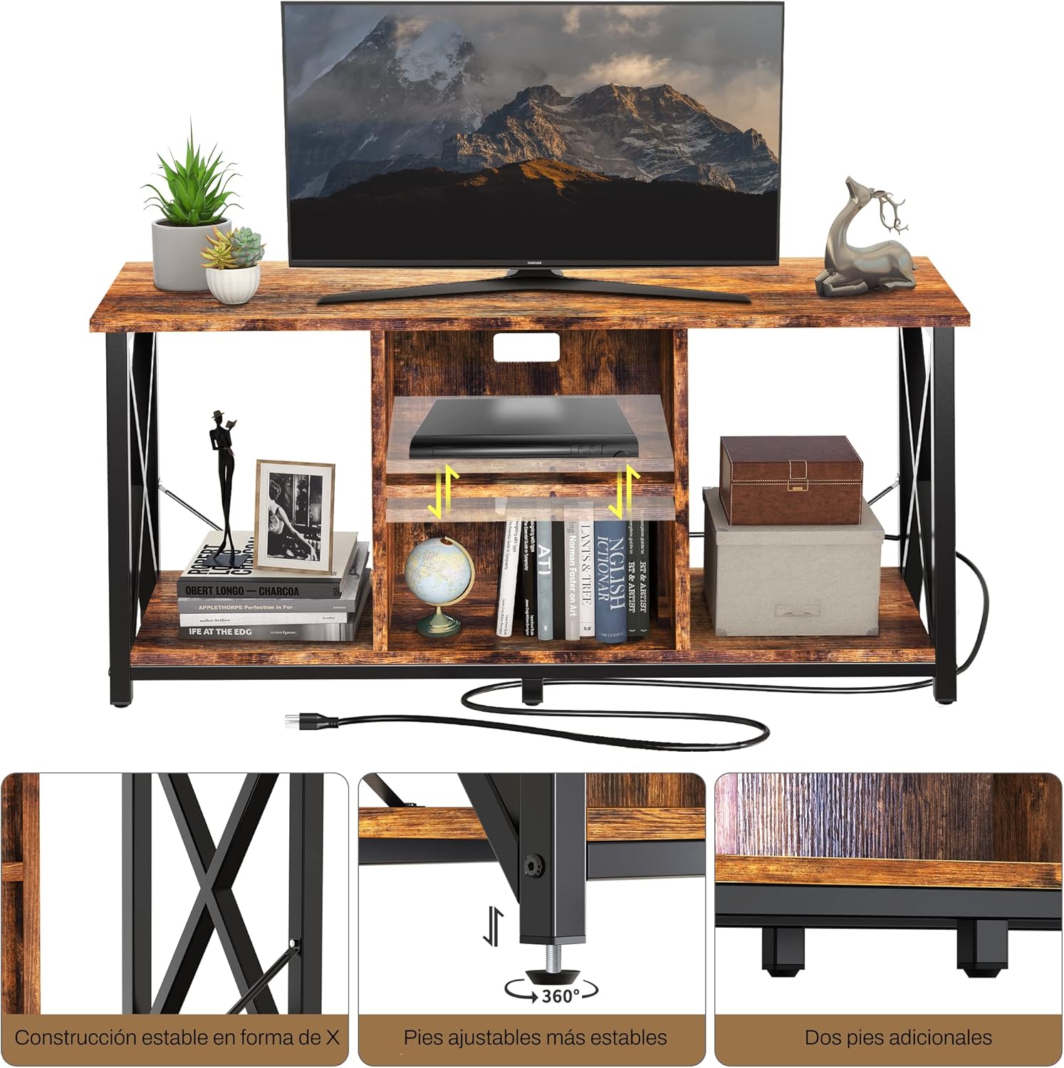 FABATO Mueble para TV 120 CM X 62 CM - Centro De Entretenimiento para TV de Madera - Regleta con 4 enchufes - Repisas Almacenamiento y colocación de Accesorios, Consolas o Decoración