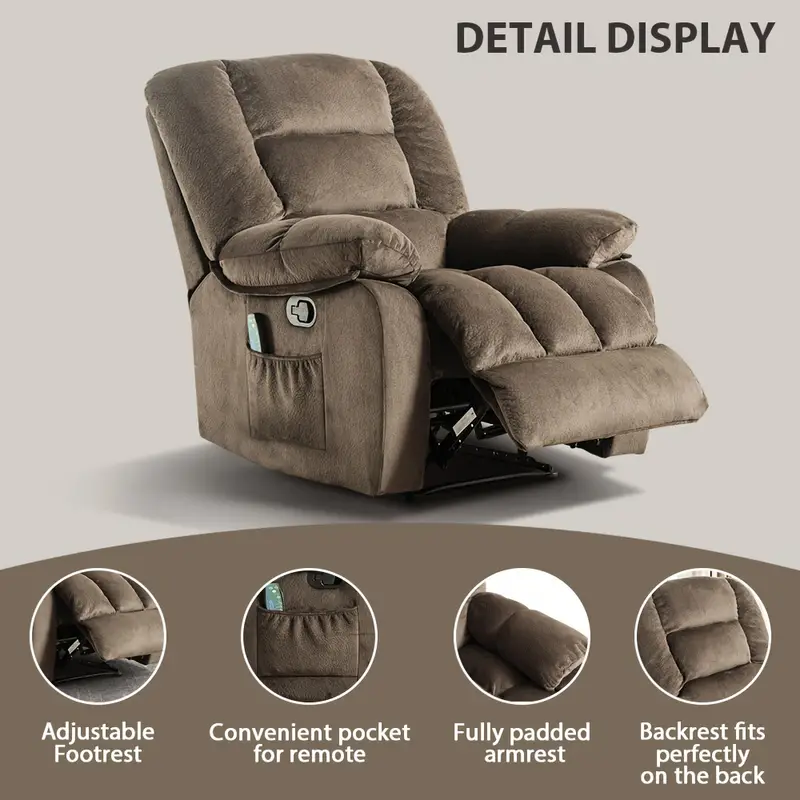 Silla de poder individual - Sillón elevador con función de masaje de cuerpo completo y calor - Sillón de salón ergonómico, cómodo y acolchado con bolsa de almacenamiento lateral, marrón