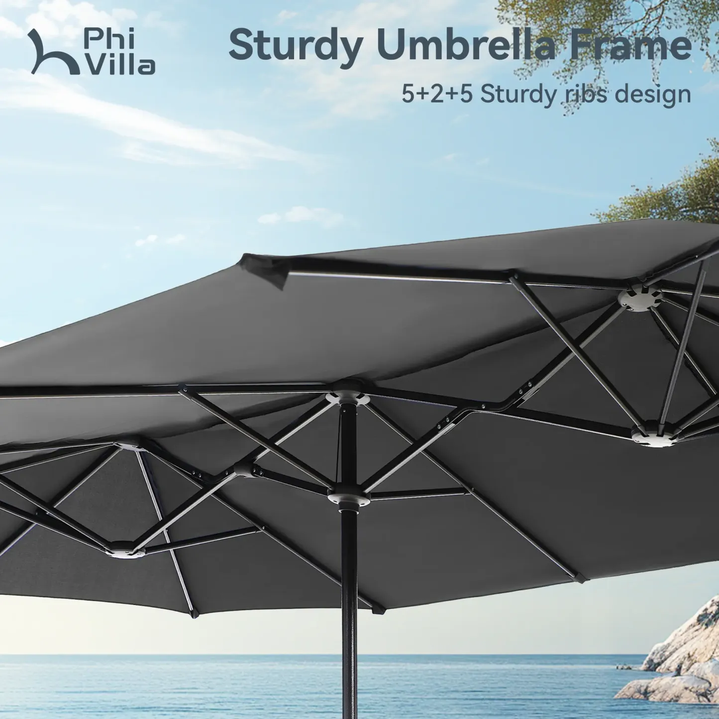 Sombrilla Solar para Patio de 15/13 pies con Base — Sombrilla Doble Extra Grande para Exteriores con 36 Luces LED y Manivela, Ideal para Jardín, Terraza, Piscina y Patio