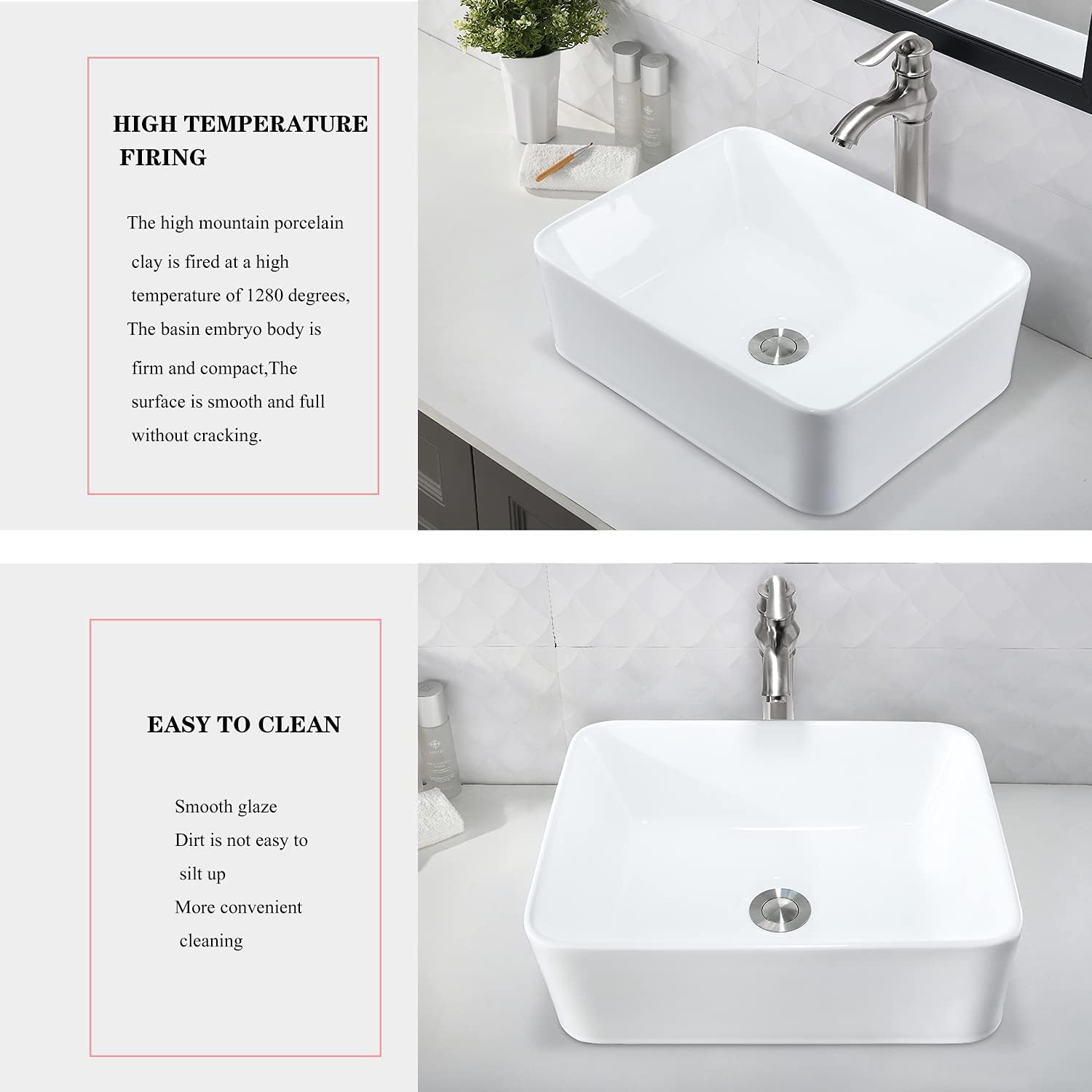 VOKIM - Conjunto de fregadero y llave de baño de 20 x 14 pulgadas, rectángulo moderno sobre el mostrador, porcelana negra, lavabo de cerámica y llave de bronce aceitado