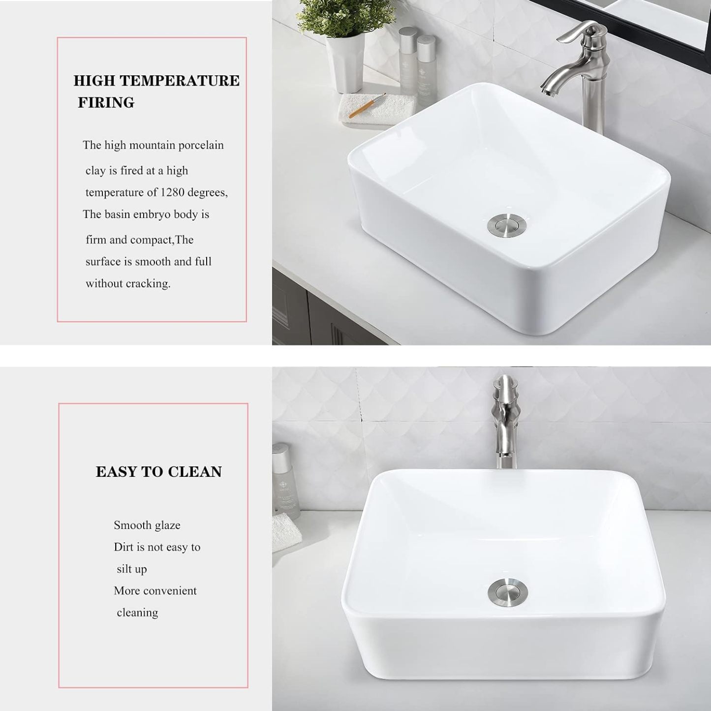 VOKIM - Conjunto de fregadero y llave de baño de 20 x 14 pulgadas, rectángulo moderno sobre el mostrador, porcelana negra, lavabo de cerámica y llave de bronce aceitado