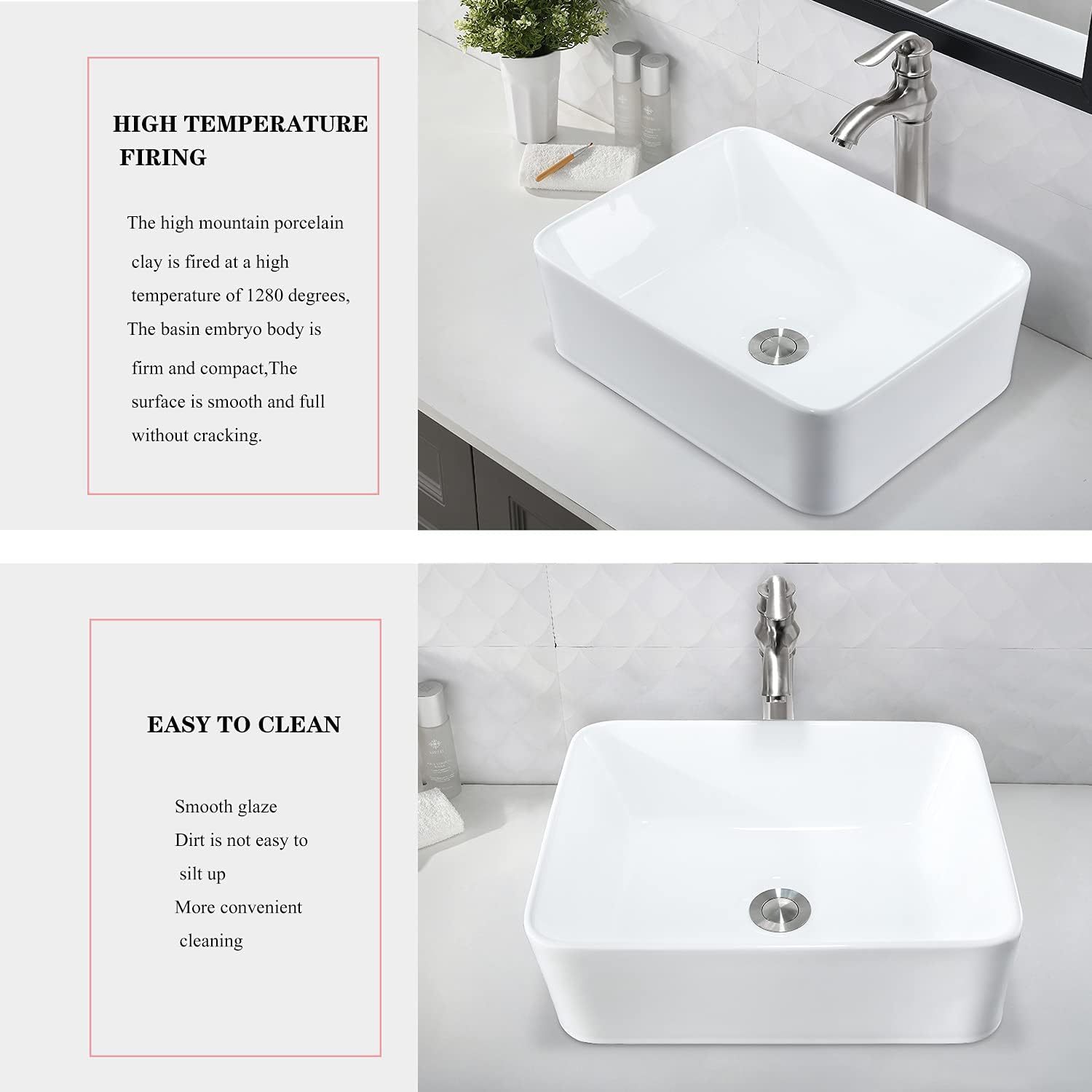 VOKIM - Conjunto de fregadero y llave de baño de 20 x 14 pulgadas, rectángulo moderno sobre el mostrador, porcelana negra, lavabo de cerámica y llave de bronce aceitado
