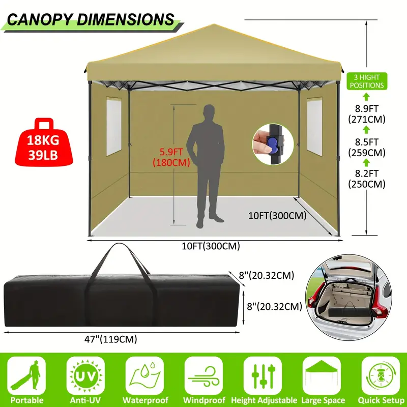 Gazebo con toldo emergente de tela Oxford impermeable portátil de 10x10 con ventanas de malla - Fácil de instalar, 4 estacas y cuerda - Adecuado para 8 personas, normalmente impermeable, soportes de aleación, cierre de cremallera
