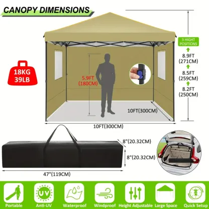 Gazebo con toldo emergente de tela Oxford impermeable portátil de 10x10 con ventanas de malla - Fácil de instalar, 4 estacas y cuerda - Adecuado para 8 personas, normalmente impermeable, soportes de aleación, cierre de cremallera