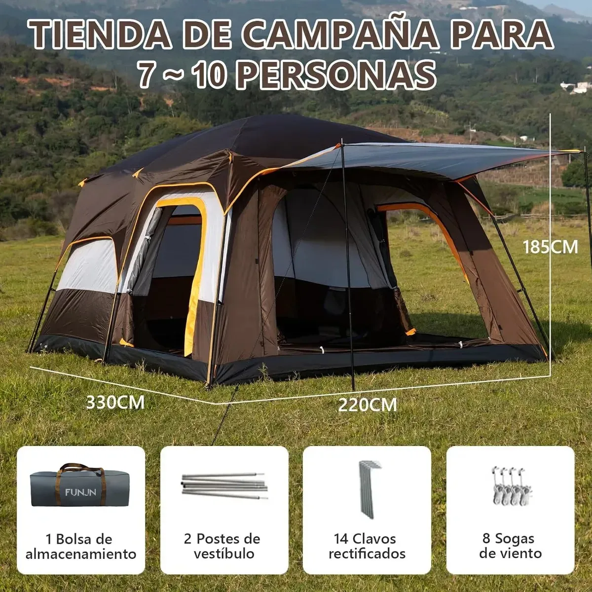Casa De Campaña Grandes 7 A 10 Personas Tienda FUNJN Casa De Acampar Grande Impermeable Fácil Instalar Gran Espacio Color Marrón